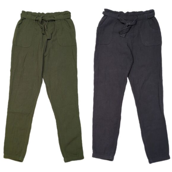 Lot 2 Cat & Jack Girls XL Cotton Gauze Jogger Pants Gray Green Tie Waist Pockets - Picture 1 of 13